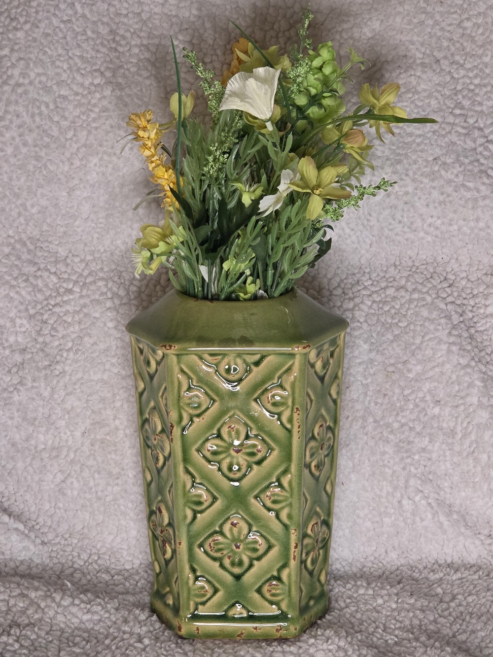 Lovely Green Ceramic Vase w/Florals