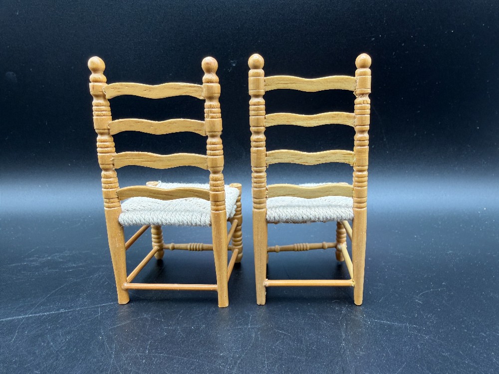 Vintage 1:12 Scale Miniature Wooden Ladderback Chairs with Woven Seats - Pair