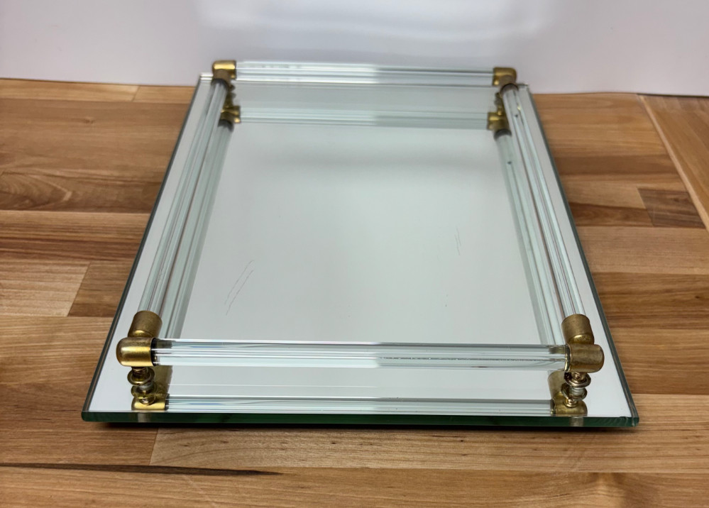 Vintage Hollywood Regency Mirrored Vanity Tray with Lucite Handles & Brass-Tone Accents – 11 x 8
