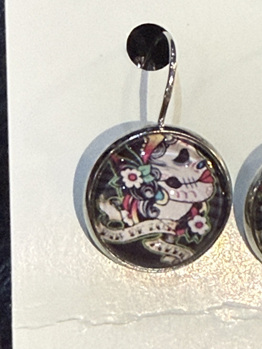 Earrings - Female Skull Profile w Rose Cameo Round, Day of the Dead