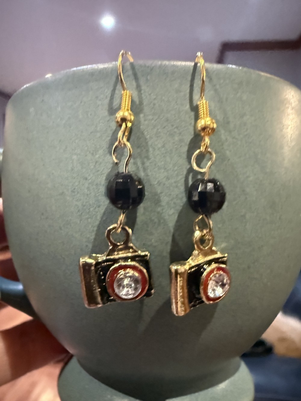 Earrings - Camera and Black Bead Gold