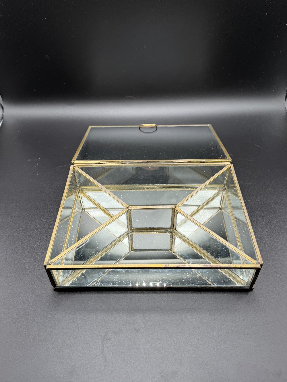 Brass and Glass Geometric Jewelry Casket Box with Mirrored Base