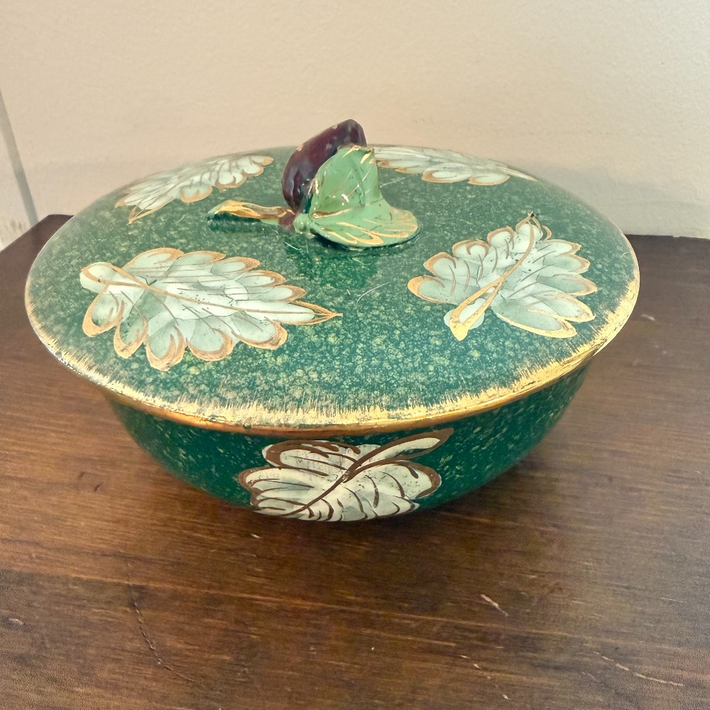 Italian Pottery Lidded Bowl, Green with Gold Leaves