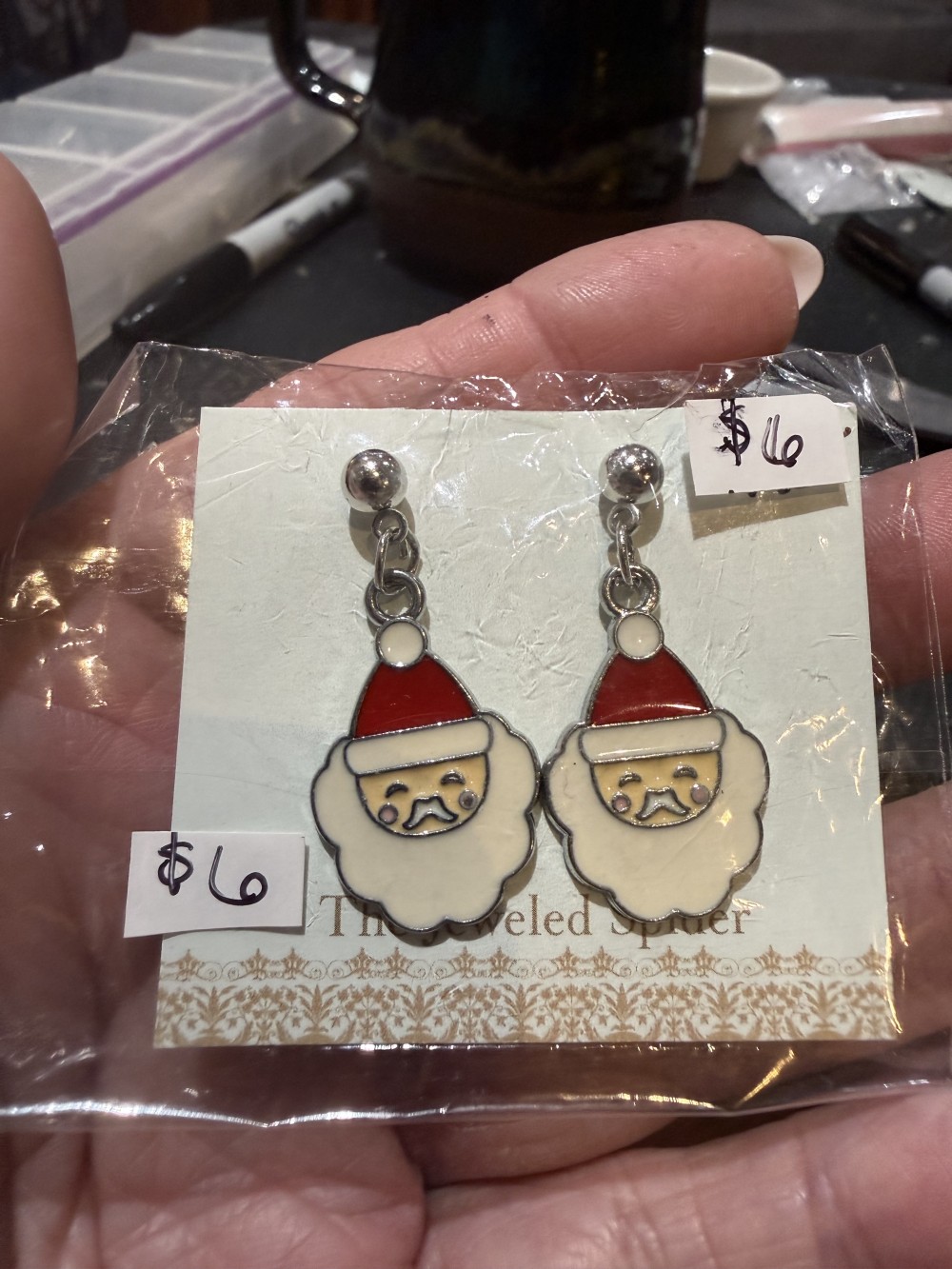 Stud Earrings - Santa Faces, St. Nick, Santa Claus, Father Christmas, Saint Nick, St. Nicholas in Silver and Enamel