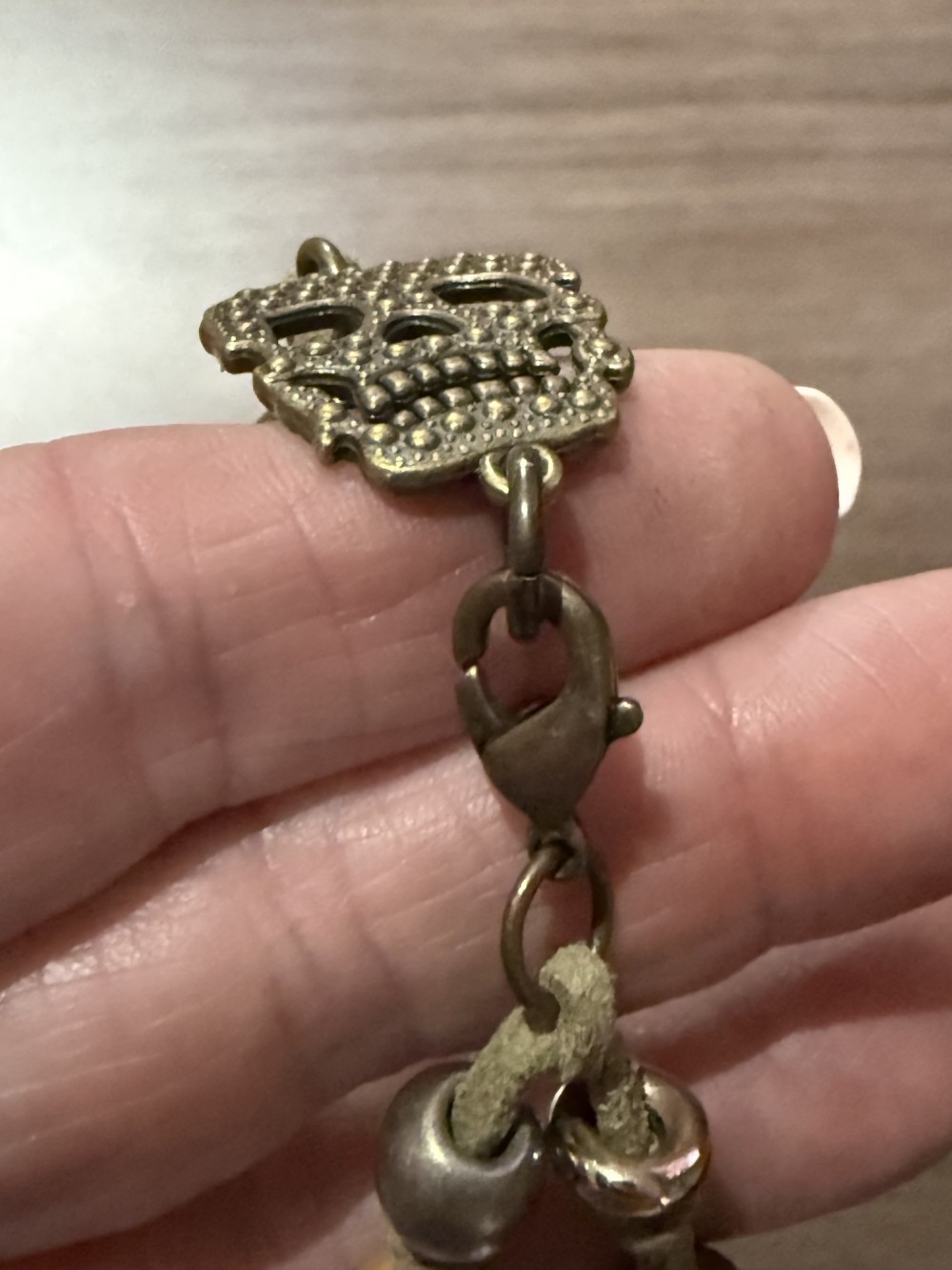 Bracelet - Bronze skull tan leather bead accents