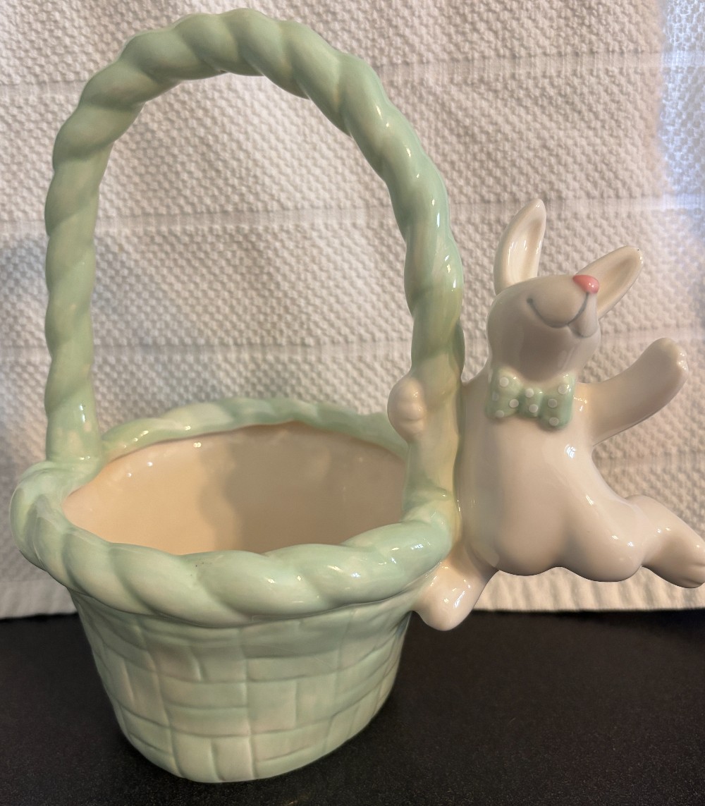 Teleflora Gift pale green ceramic basket white bunny rabbit handle