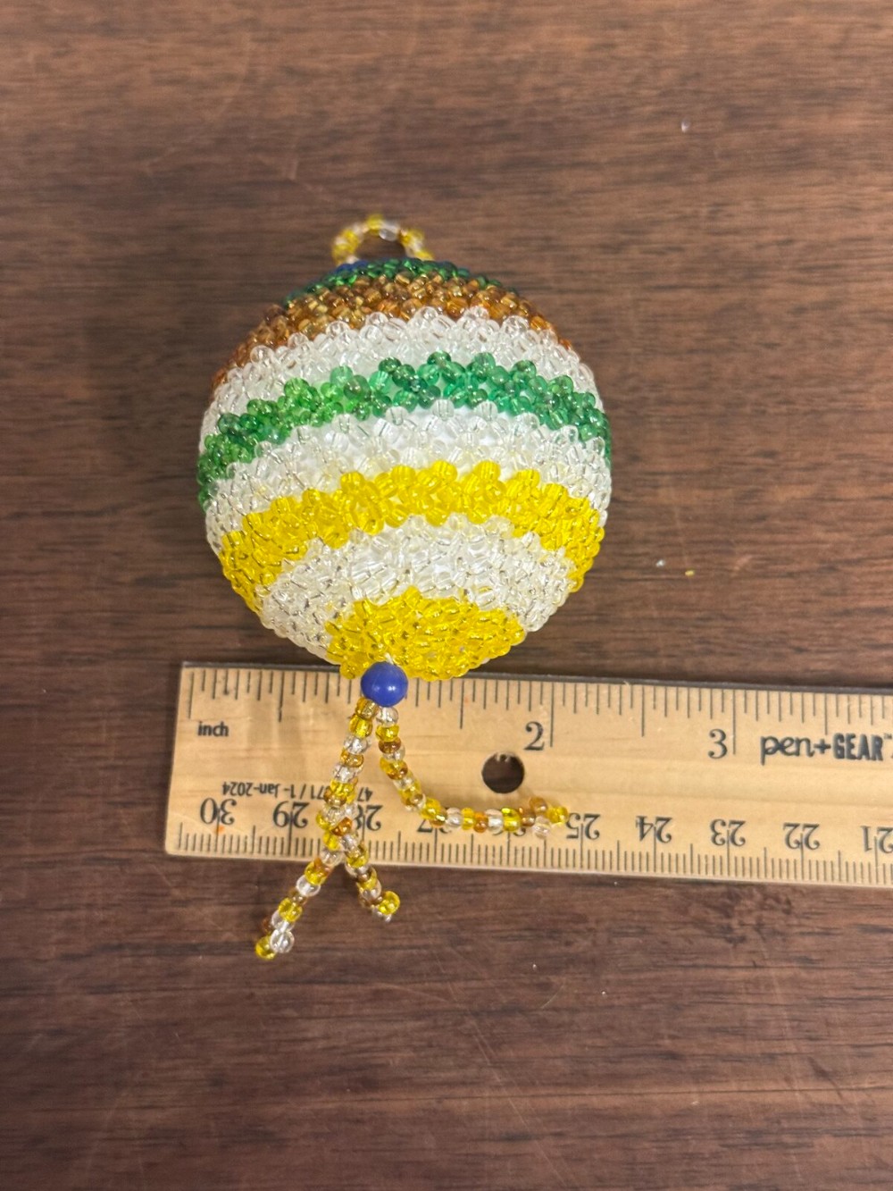 Beaded Ball Ornament Blue Green Yellow Seed Beads