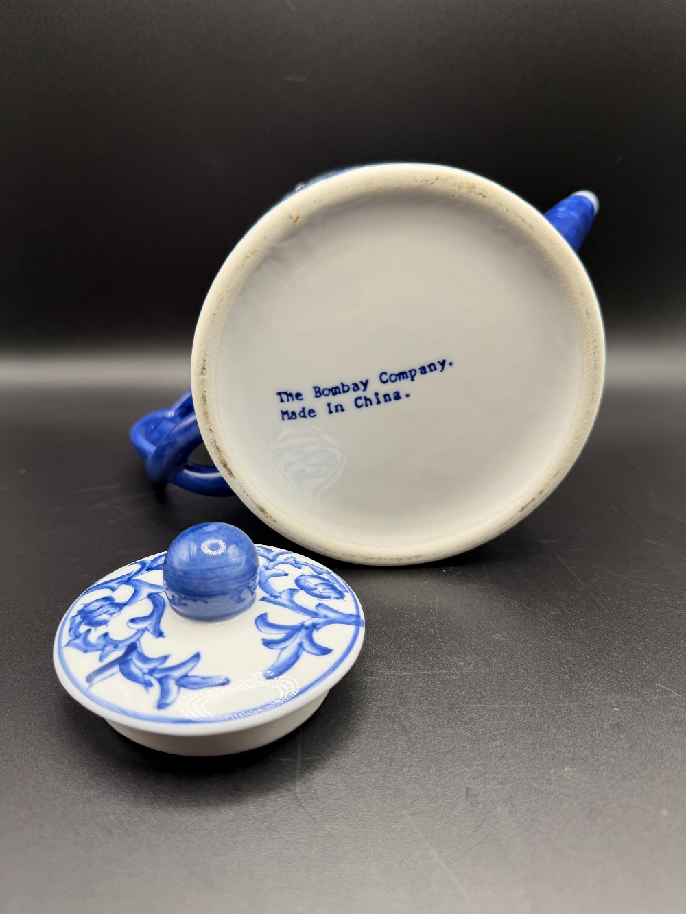 Vintage The Bombay Company Blue and White Porcelain Teapot, Chinoiserie Peony Floral Tea Pot with Lid