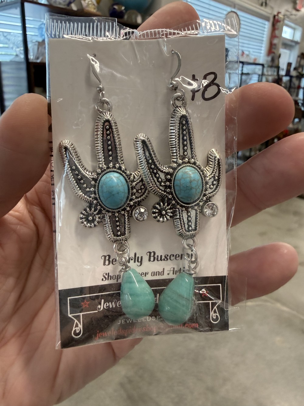 Earrings - Silver Cactus Teal Stone Bead