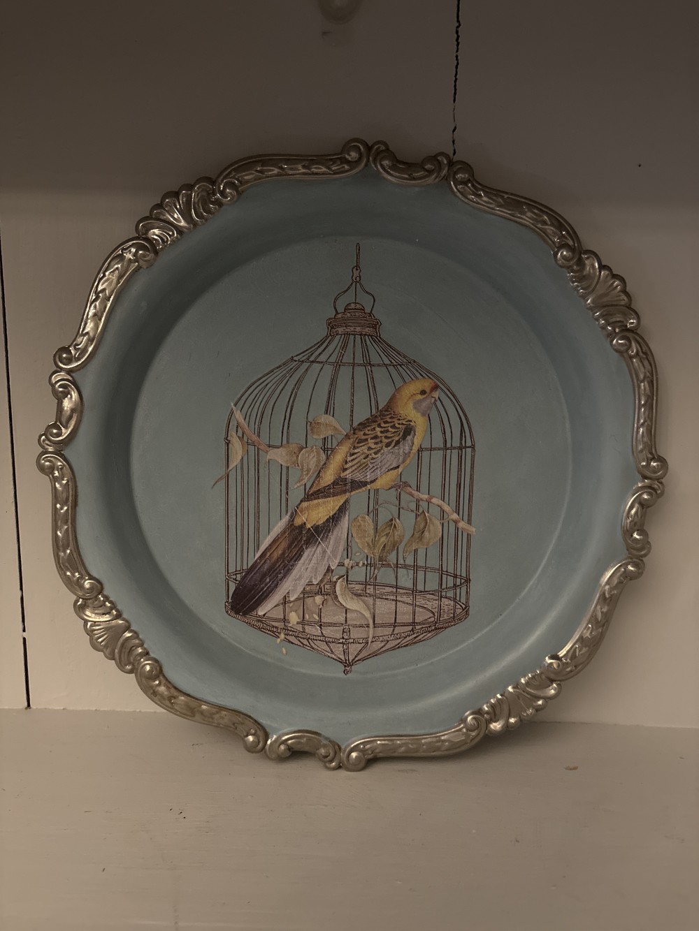Hand Painted Silver Tray with Bird Decal