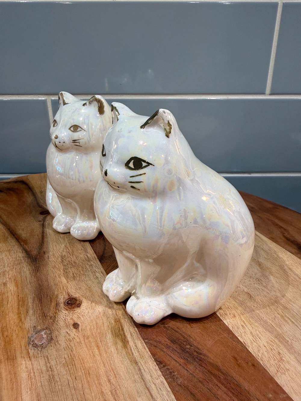 Vtg. Pair Opalescent Cat Figurines