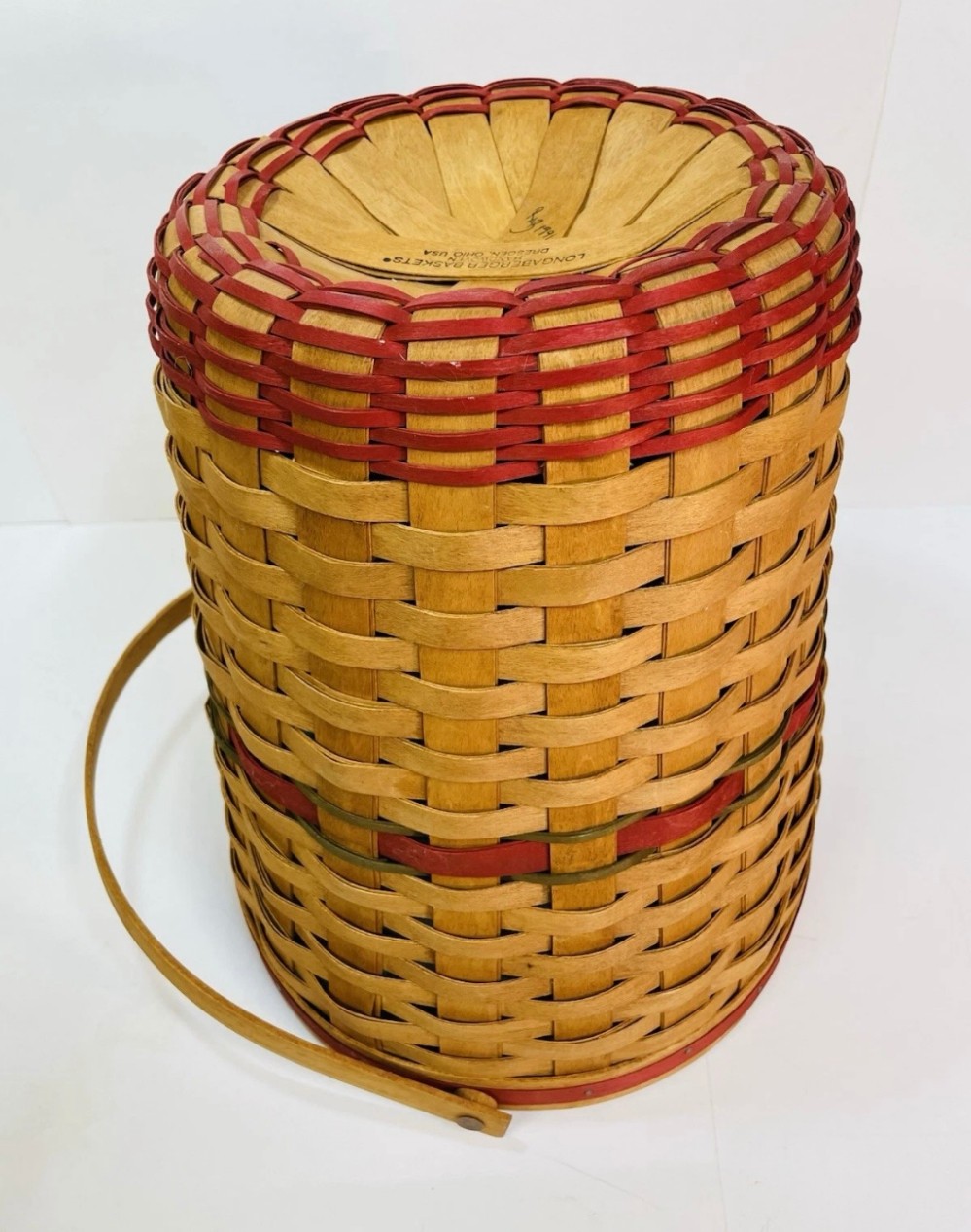 Basket Longaberger 1991 Handwoven Waste Basket Red & Green Accent Signed Weaver 13 Inches
