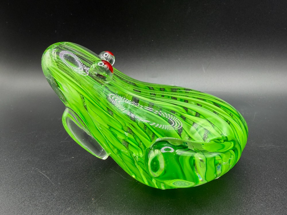 Vintage Murano Style Art Glass Frog Paperweight - Green Swirl Figurine
