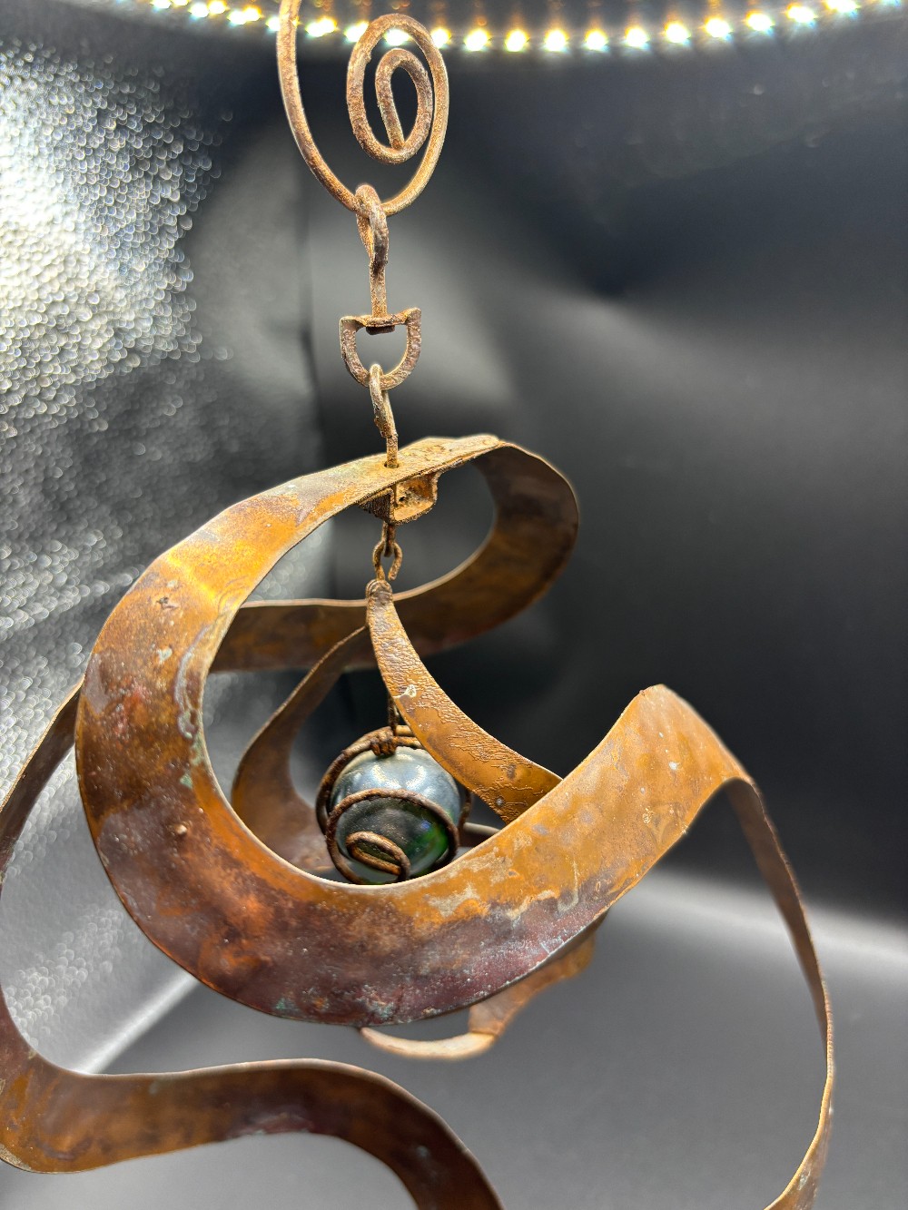 Garden decor spiral copper wind spinner 2 green glass orbs