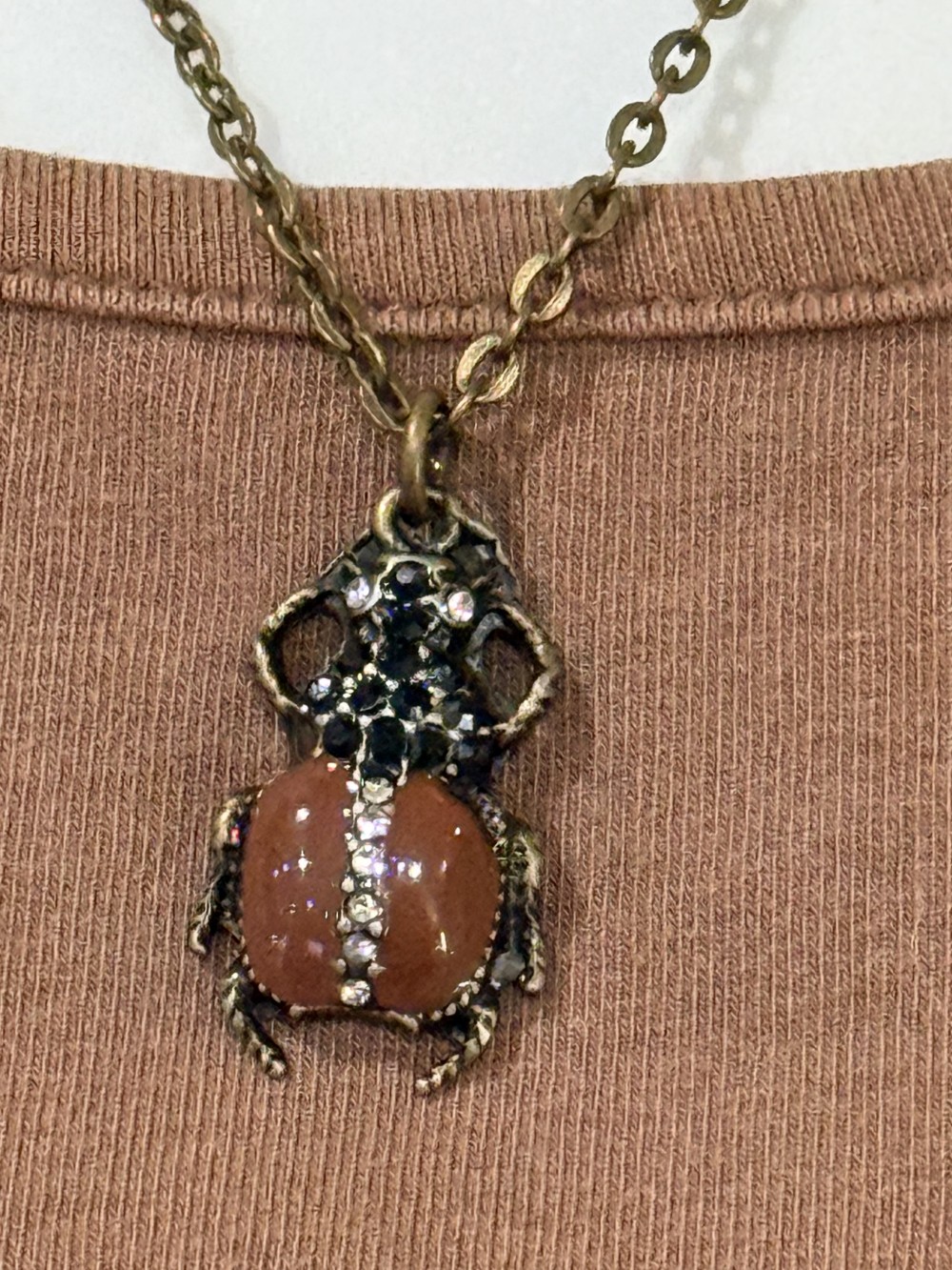 Necklace - Scarab, Beetle Brown Enamel Bronze & Rhinestones
