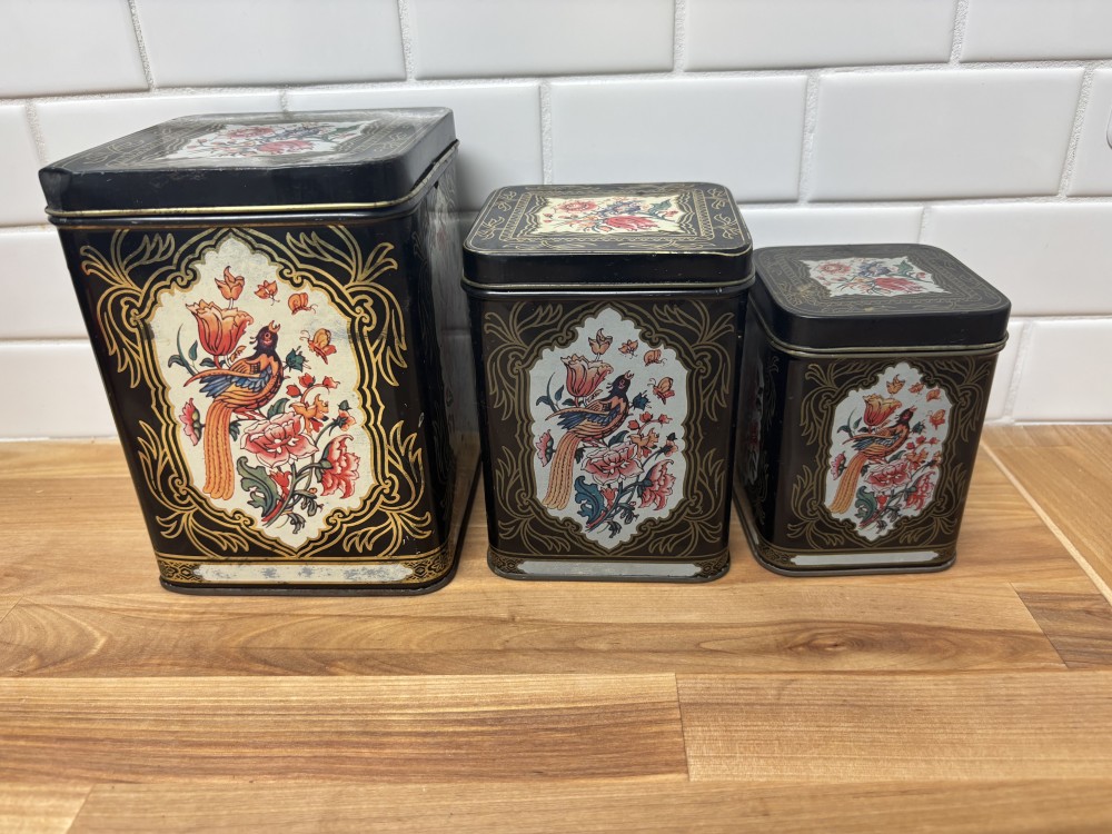Vintage Floral Bird Nesting Tea Tin Canister Set of 3 Metal Kitchen Storage Containers