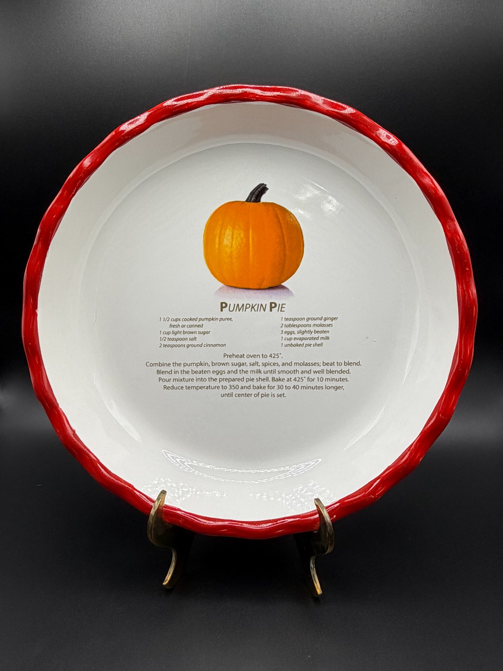 Vintage Red Ruffled Ceramic Pumpkin Pie Recipe Baking Dish
