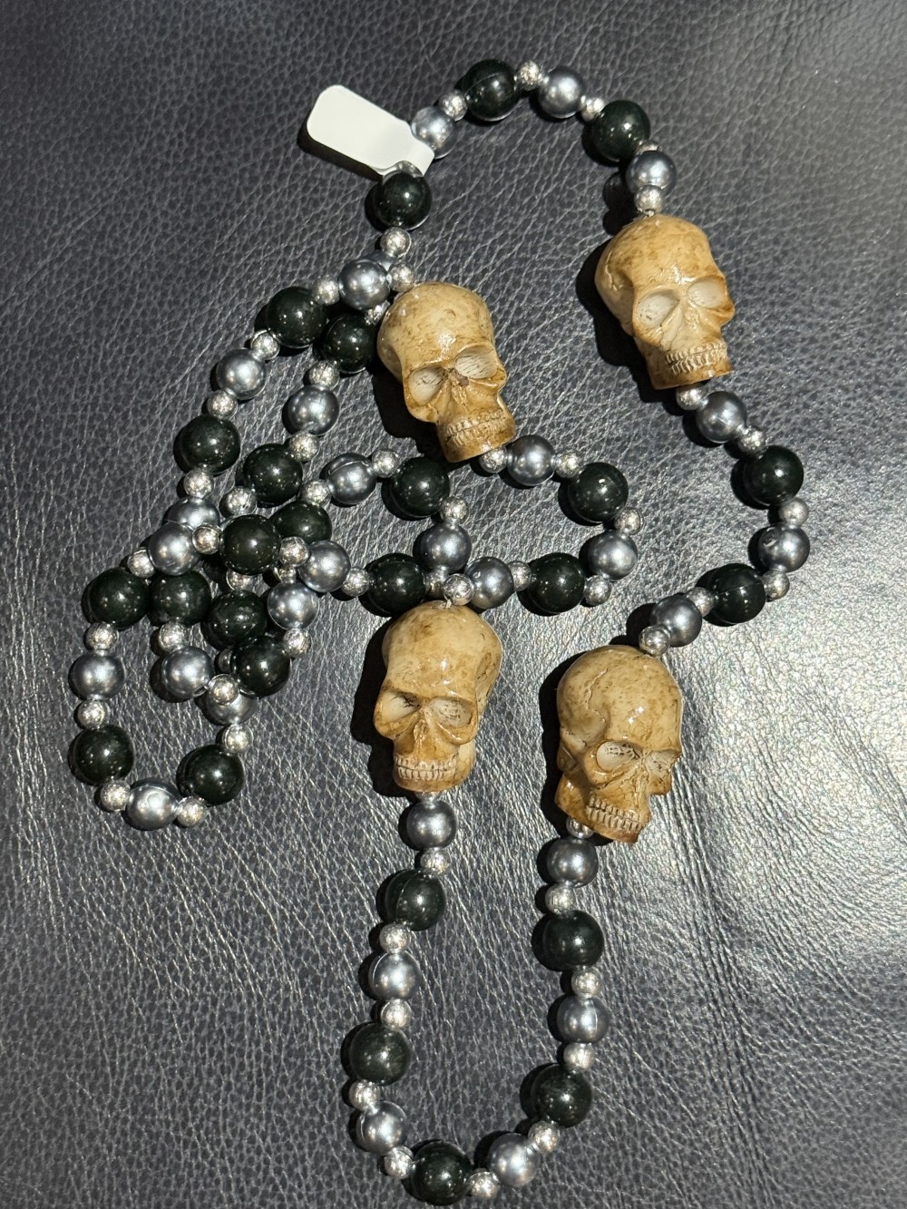 Necklace - Skulls Grey and Black Beads Long Necklace