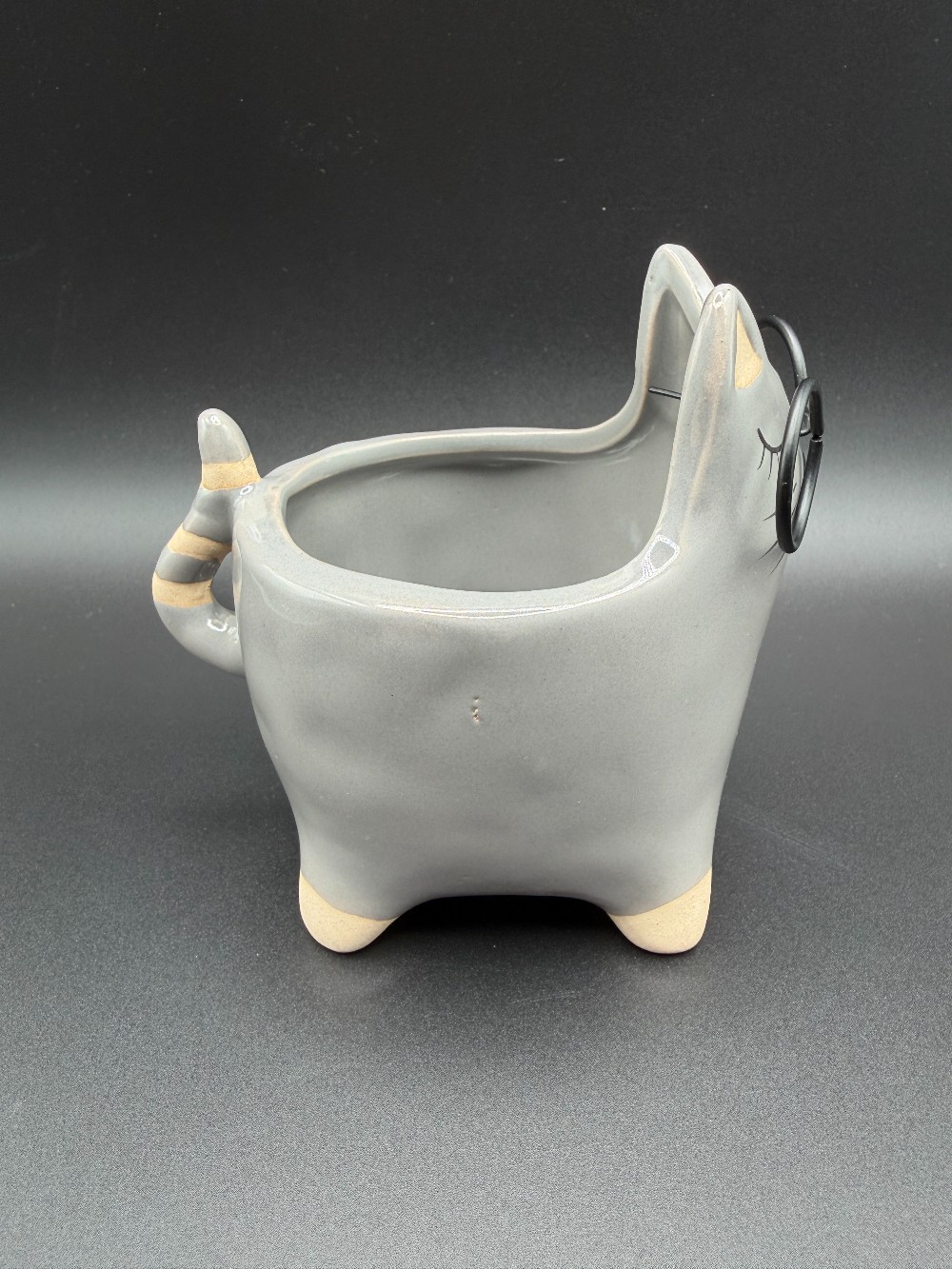 Modern Gray Ceramic Cat Planter with Metal Wire Glasses