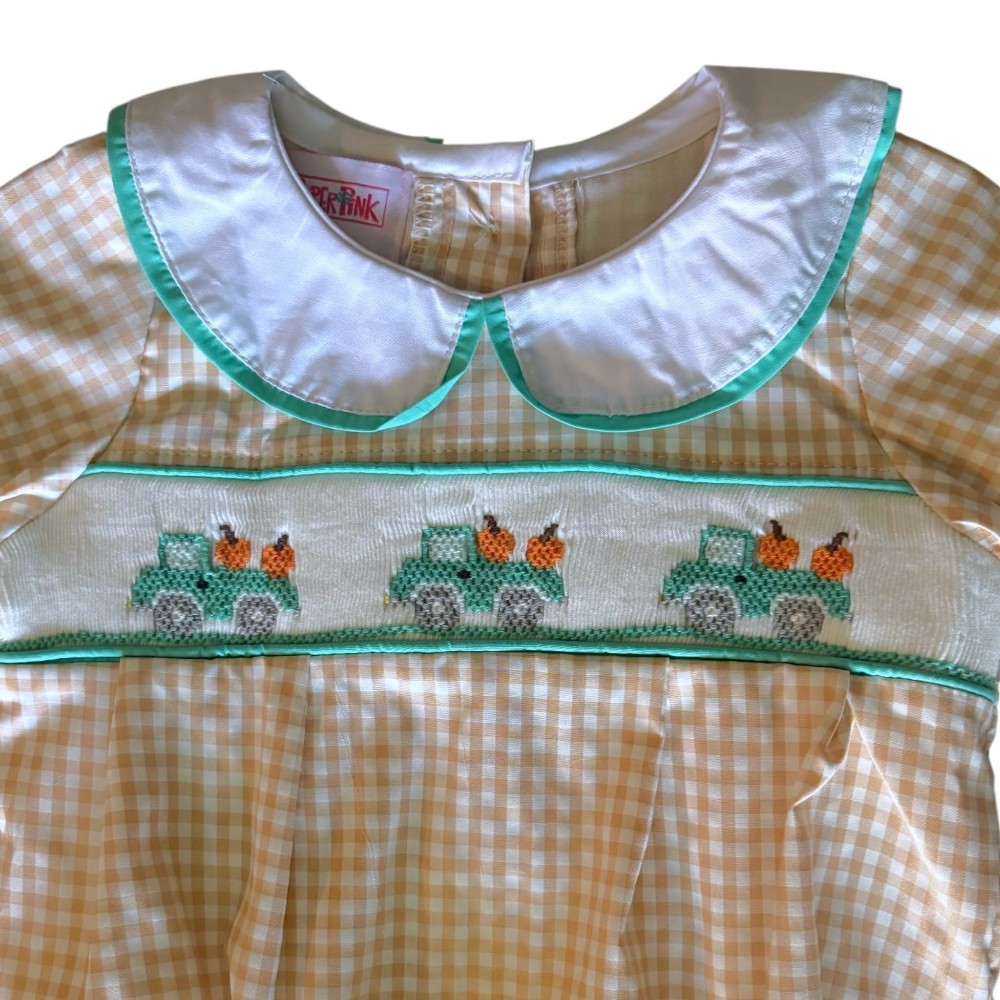 Pumpkin Truck Beige Gingham Romper