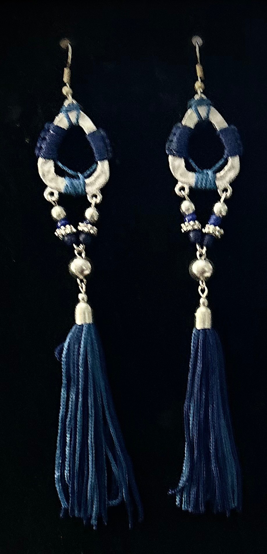 Boho Navy Blue Thread Wrapped Hoop Long Tassel Drop Earrings NWT