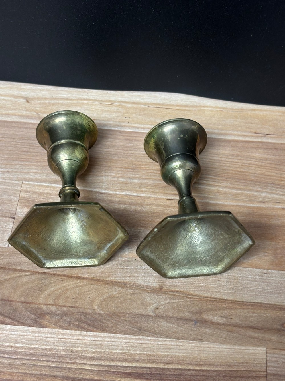 Brass Candlestick Holders Pair Hexagon Base Vintage Taper Candle Holders