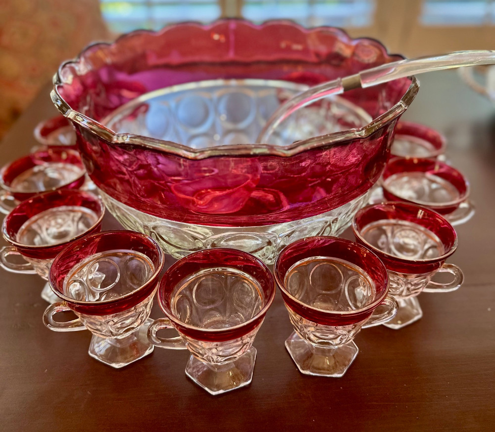 Vtg Indiana Glass Ruby Red Punch Bowl Thumbprint/Lexington, 12 Cups, Plastic Ladle. Bowl 7.5 H x 12.75 Dia.