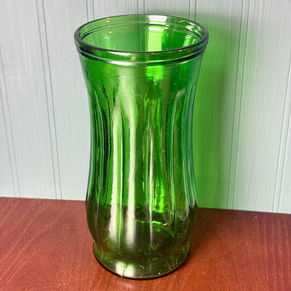 Vintage Emerald Green Ribbed Glass Vase, Waisted Hourglass Shape
