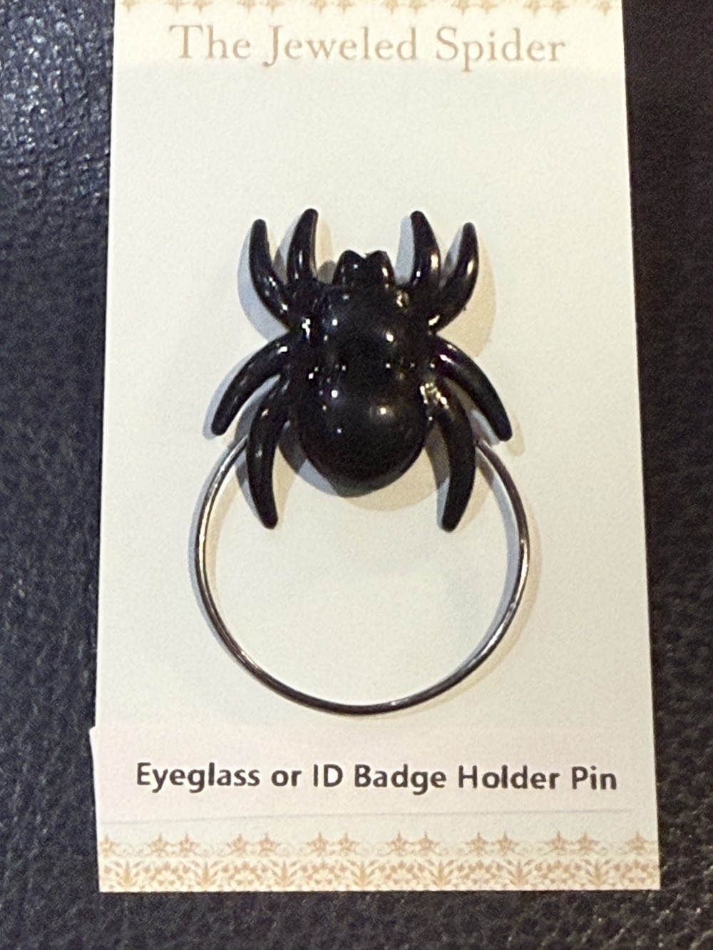 Eyeglass or ID Badge Holder Pin - Black Spider Round Loop