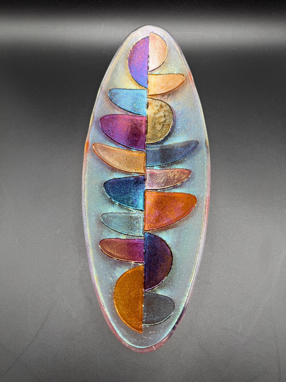 Signed Shepardson Studios 13 Inch Fused Art Glass Long Boat Bowl - Iridescent Dichroic Abstract