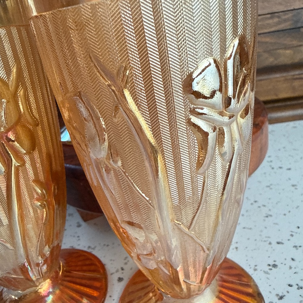 Jeannette Glass Iris and Herringbone Marigold Carnival Glass Footed Tumblers Set of 4 - DANA