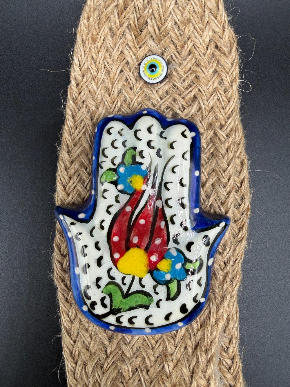 Turkish Evil Eye & Ceramic Hamsa Jute Wall Hanging