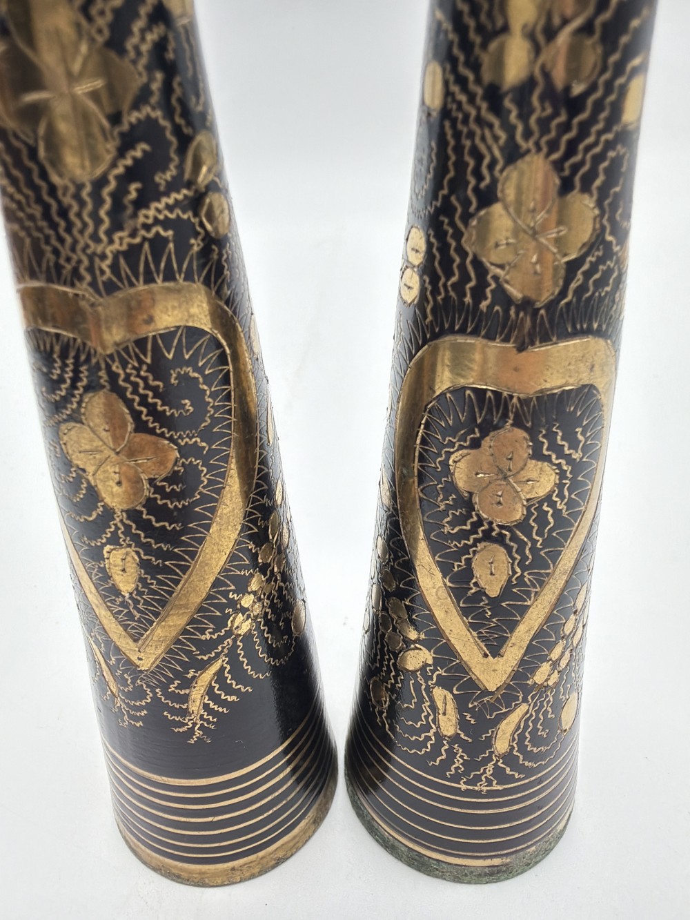 Pair Vintage Etched Brass Bud Vases