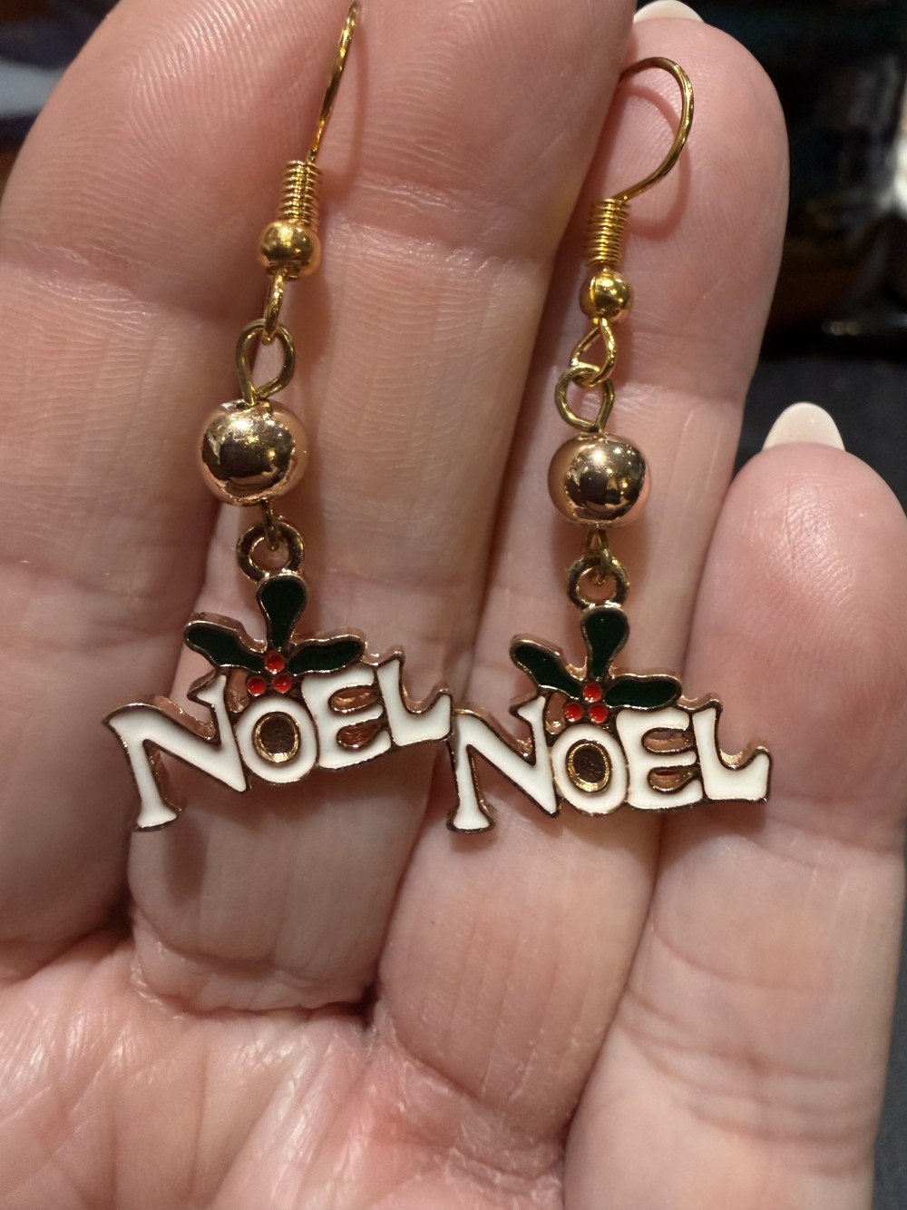 Earrings - Noel with Christmas Holly in Gold and Enamel Gold Bead