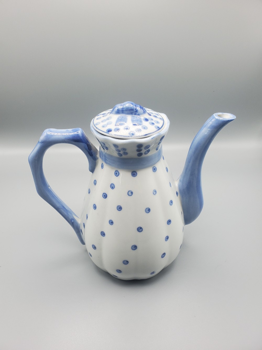 Vintage Blue and White Polka Dot Ceramic Teapot
