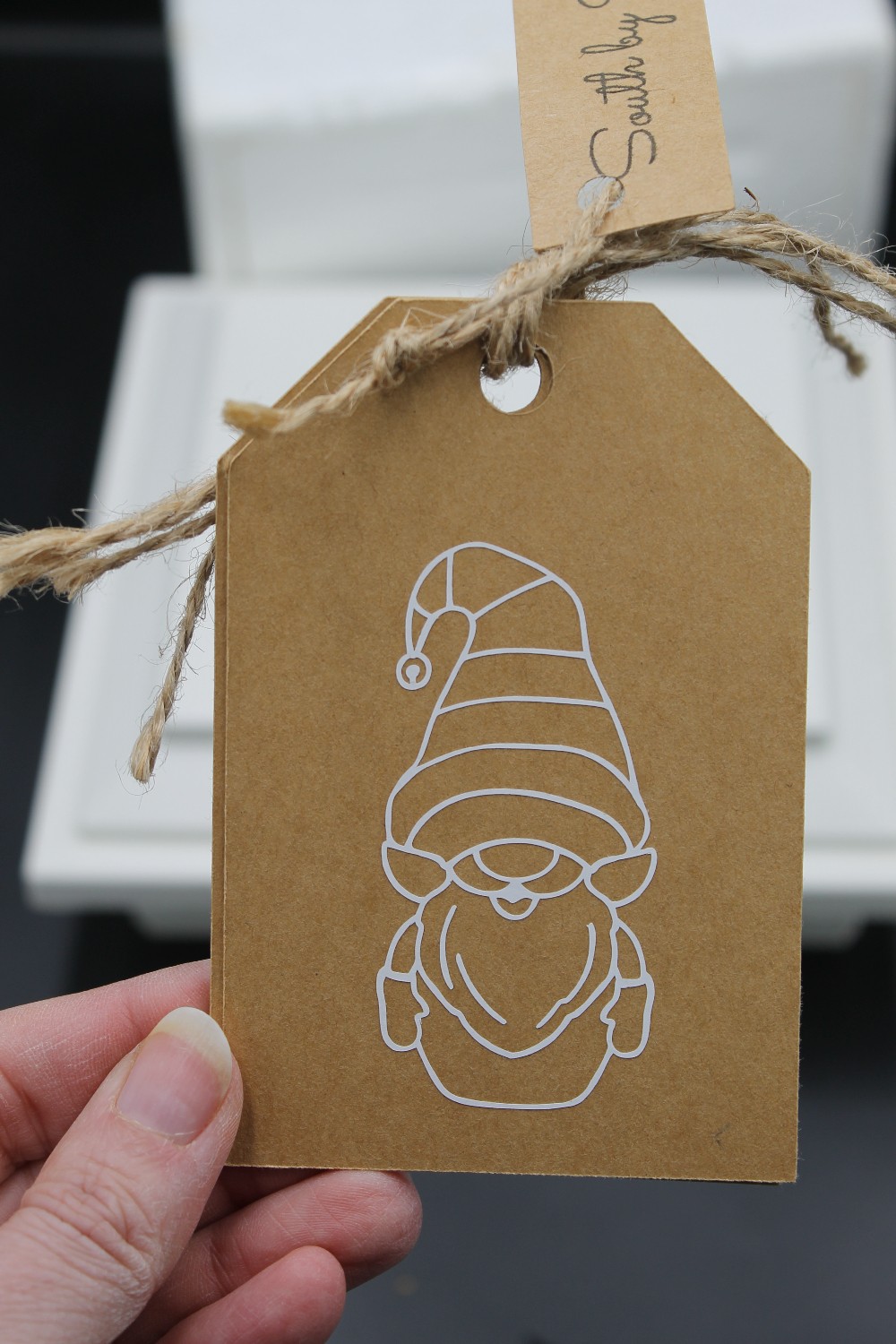 Handmade s/4 Christmas gift tags white gnome