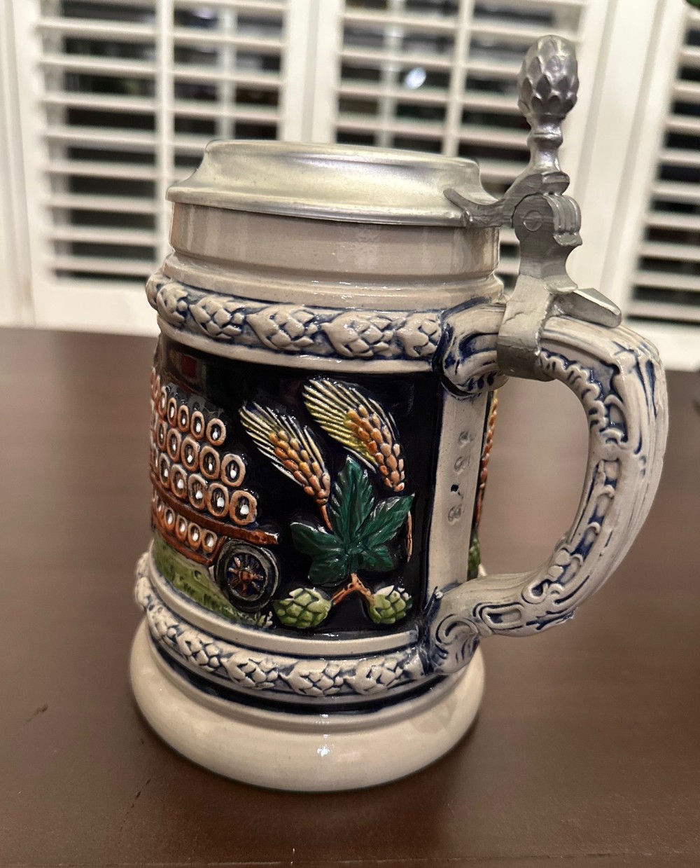 Vint. Thewalt Ceramic and Pewter Stein Made in Germany. Depicts Horse-Drawn Beer Wagon.