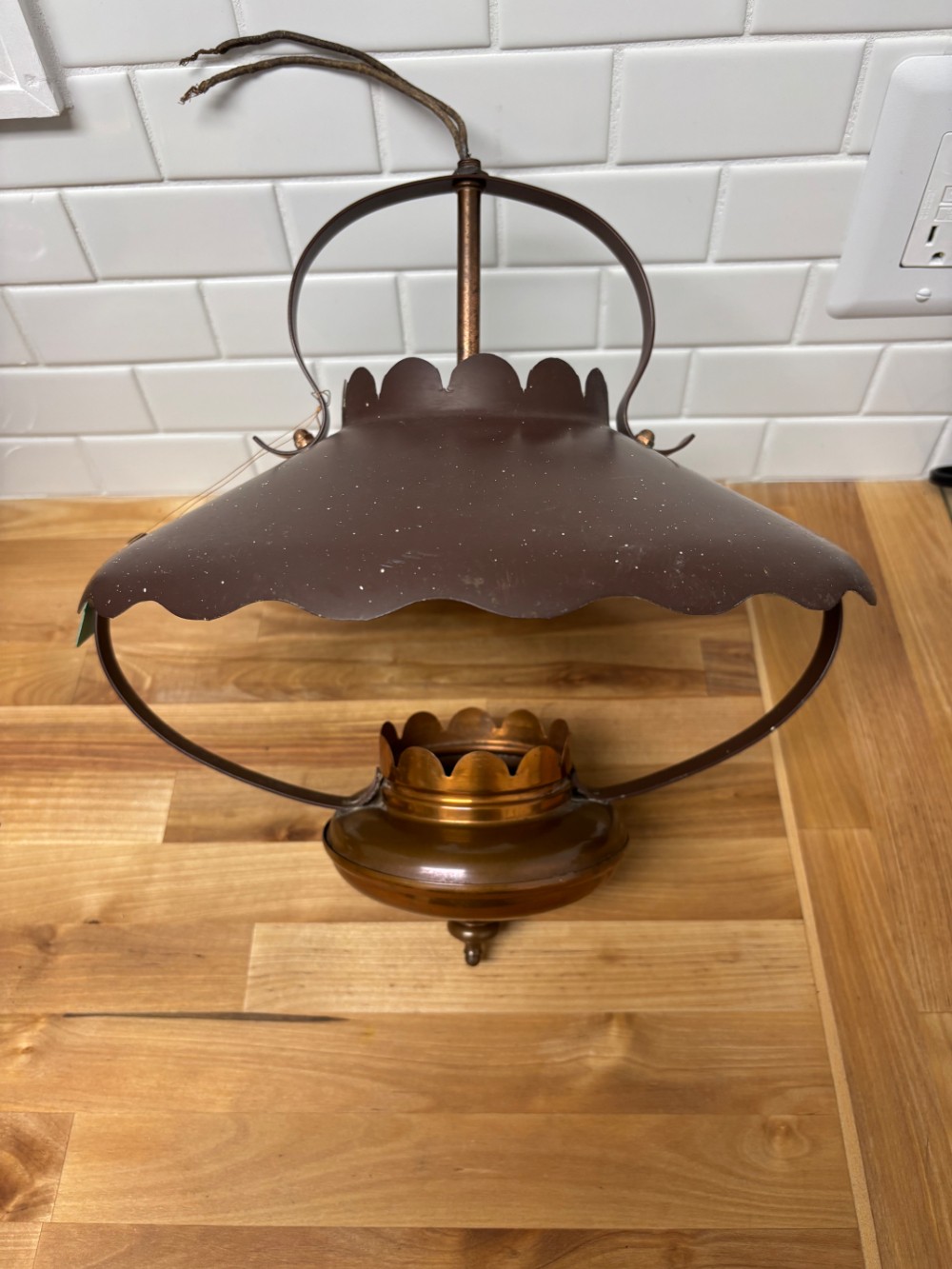 Hanging Swag Lamp Vintage Brown Metal Scalloped Shade Brass Pendant Light