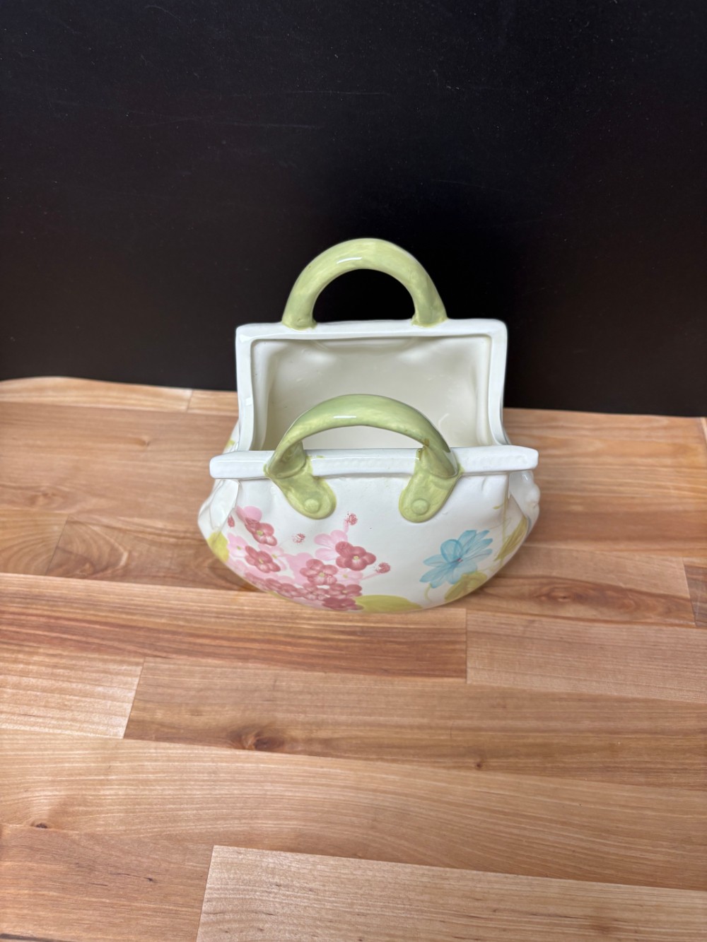 Ceramic Purse Handbag Vase Planter Floral Pink Blue Green Cottage Decor Granny