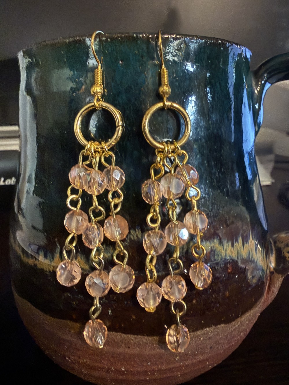 Earrings - Handmade Beaded Amber Rose Three Strand
