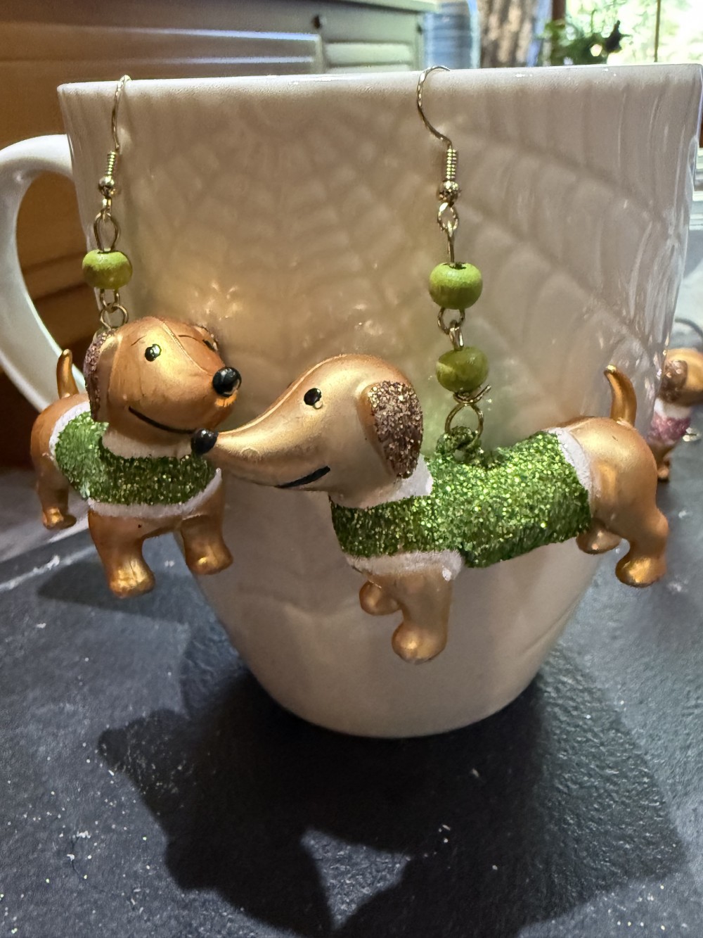 Earrings - Dachshund in Green Glittered Sweater, Doxie, Dog