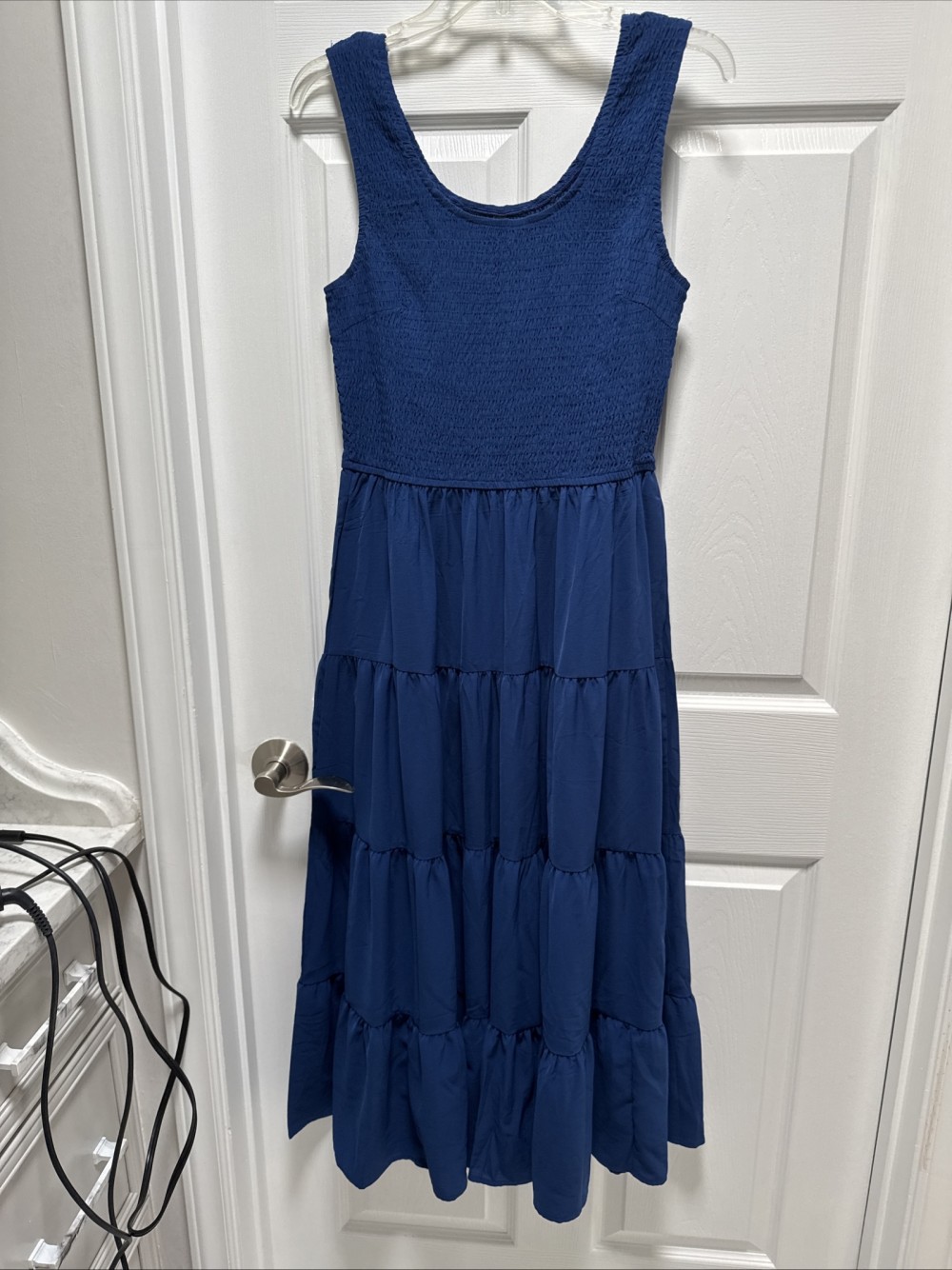 NAVY SMOCKED TIERED DRESS,