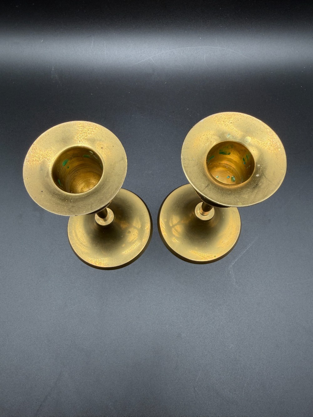 Vintage Mid Century Brass Tulip Candlesticks Pair Round Base