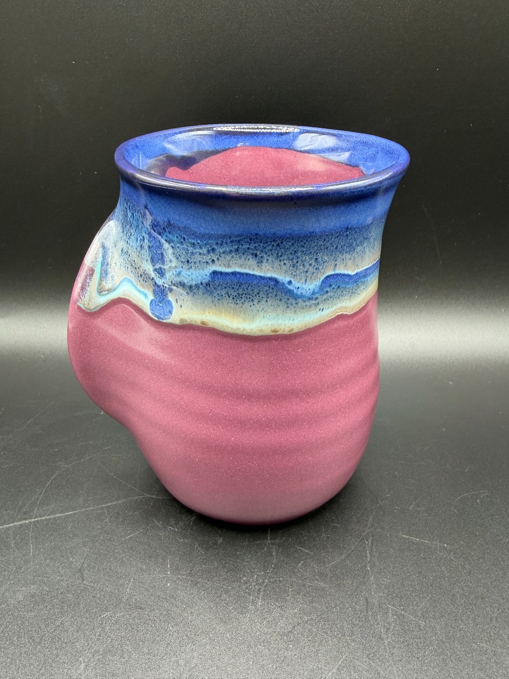 Clay in Motion Handmade Pottery Handwarmer Mug - Purple Passion Glaze (Right Handed)