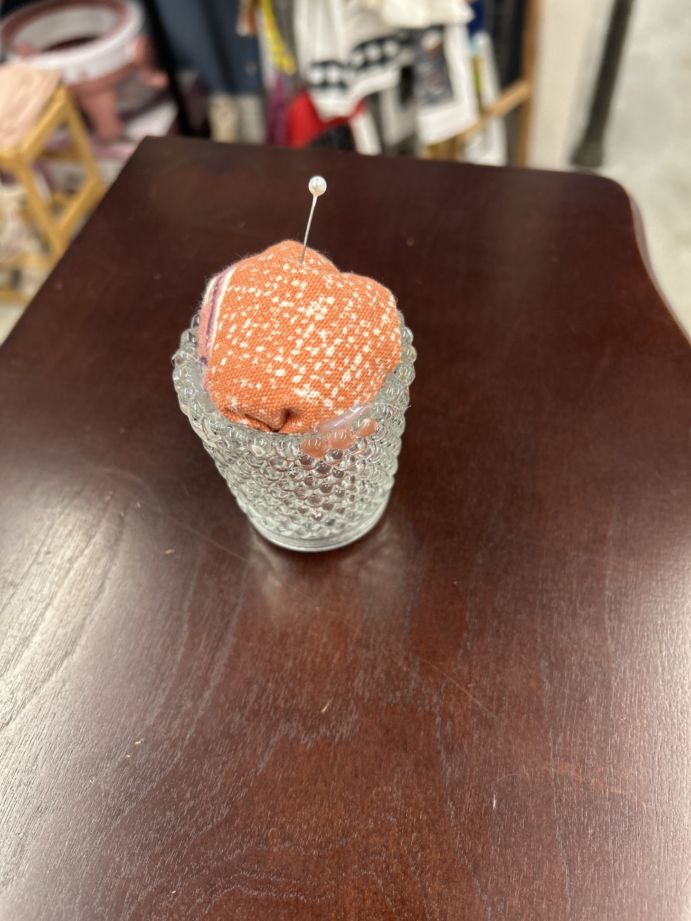 Pin cushion - Vintage pressed glass by Anchor Hocking hobnail clear glass (salt cellar, toothpick holder/votive). (Sewing, crafts, straight pins.)