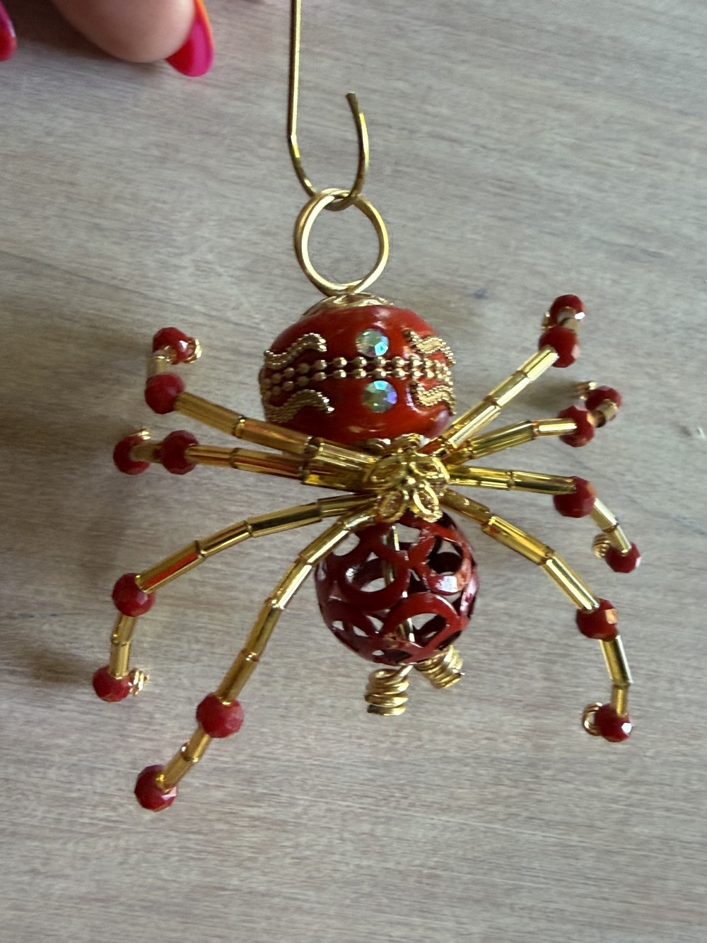 Ornament - Spider L Red Gold Embellished Bead