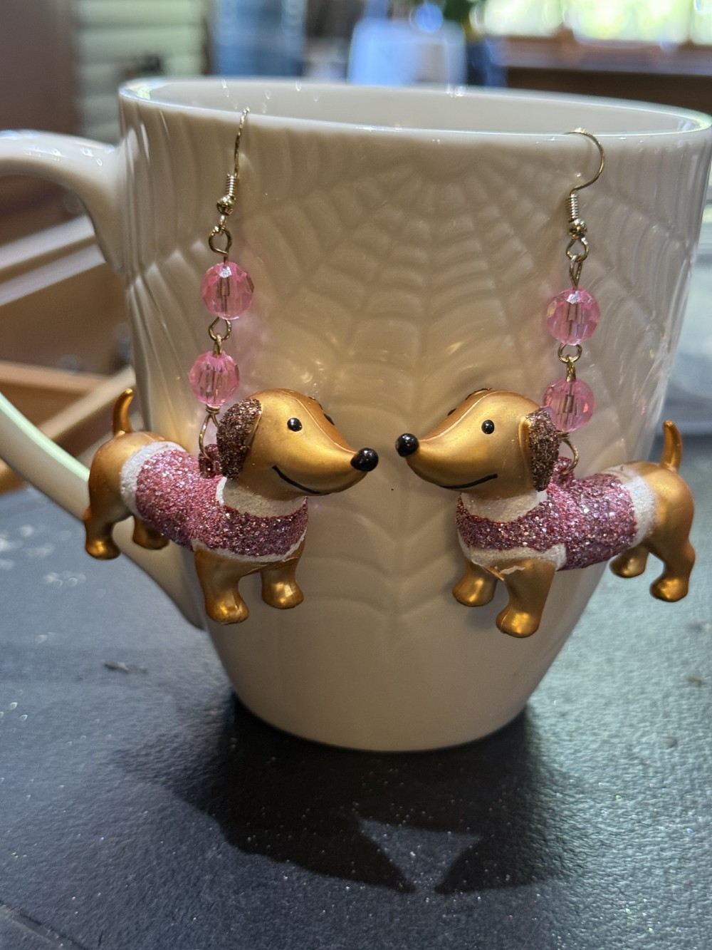 Earrings - Dachshund in Pale Pink Glittered Sweater, Doxie, Dog
