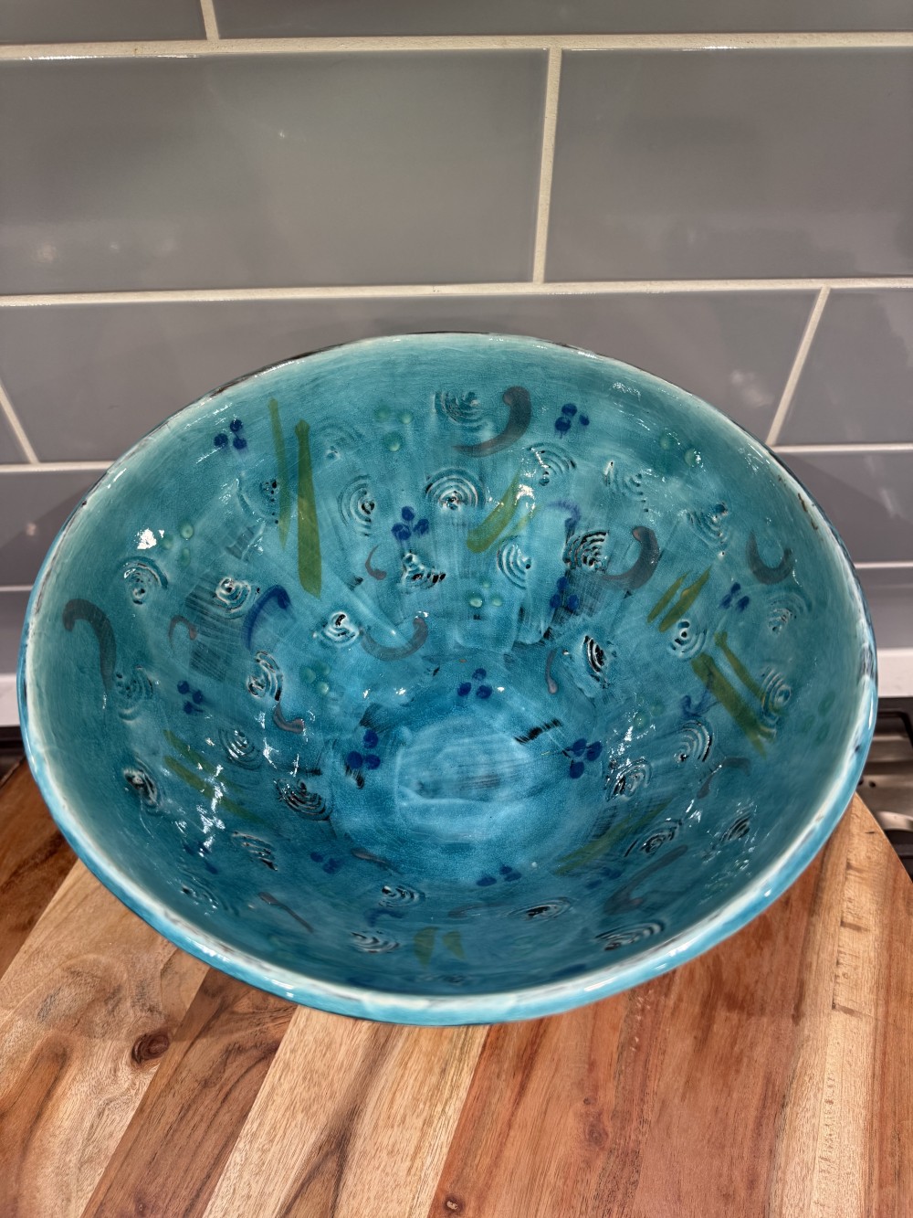 Studio Pottery Two-Piece Turquoise Centerpiece Bowl