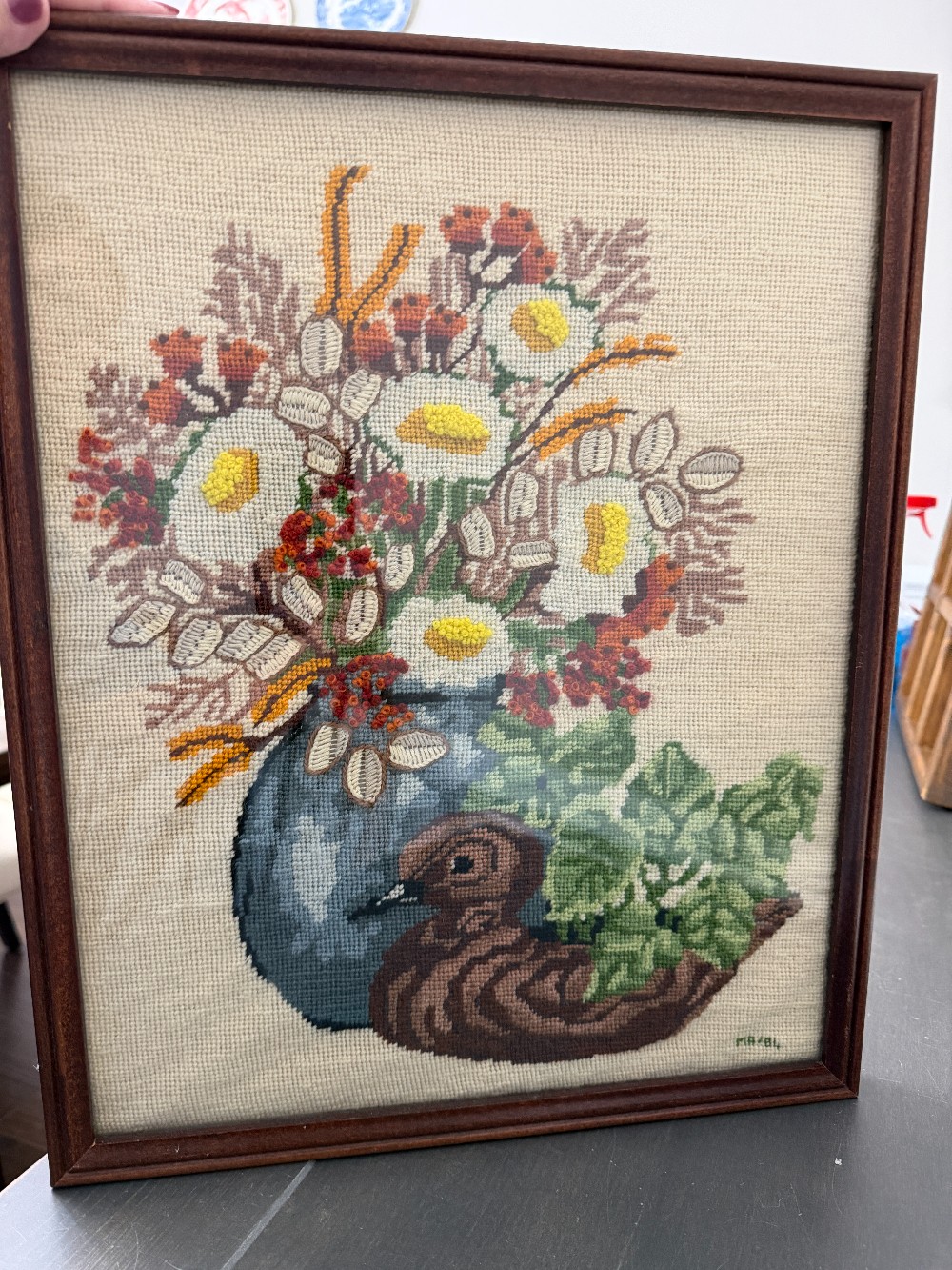 Vintage Finished Framed Crewel Embroidery Art - Duck Decoy & Floral Still Life Vase 1984 Signed
