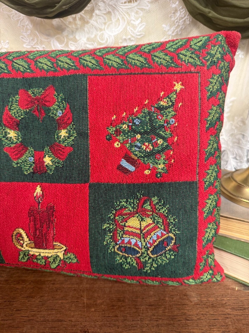 Red Green Tapestry Christmas Pillow Trees Wreaths Bells